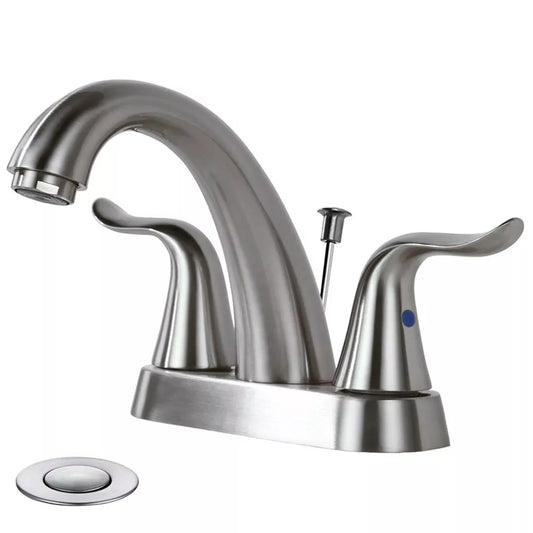 WOWOW 4 in. Centerset Double Handle High Arc Bathroom Faucet with Drain Kit Included
