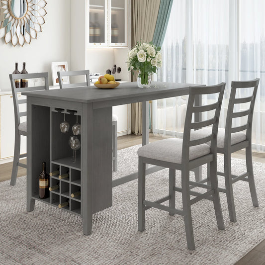 EUROCO 5-Piece Dining Table Set for 4, 59.6" Counter Height Kitchen Table Set with 4 Upholstered Chairs,Integrated 9 Bar Wine Compartment and Wineglass Holders for Dining Room and Kitchen,Gray