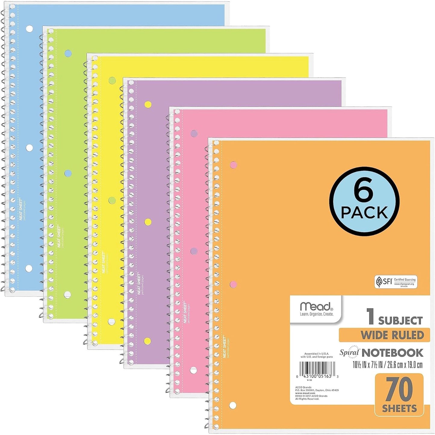 VINAUO 6 Pack Notebook, 5-Subject, 8.5 x 11 Spiral Notebook, Wide Ruled Paper, 70 Sheets, Assorted Pastel Colors