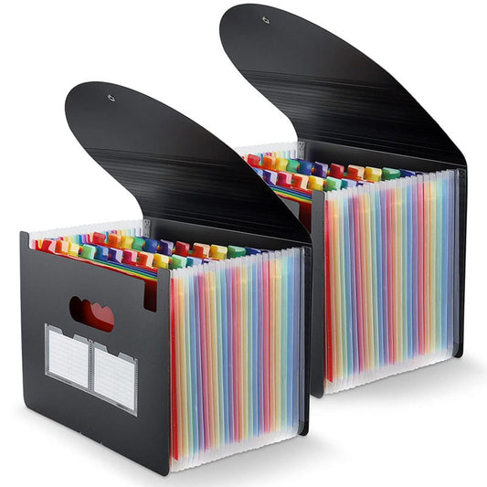 VINAUO 24 Pockets Expanding File Folder with Blank Labels, 2 Pack According File Organizer with Expandable Cover, Desktop Accordion Folders Letter A4 Paper Document Storage Organizer, Black