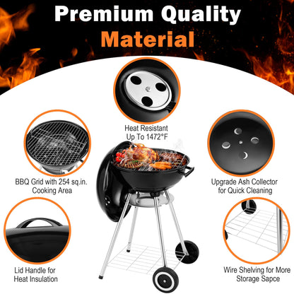 Segmart Kettle Charcoal Grill, 18 Inch Portable Camping BBQ Grill with Wheels for Outdoor Cooking Picnic Barbecue, Black
