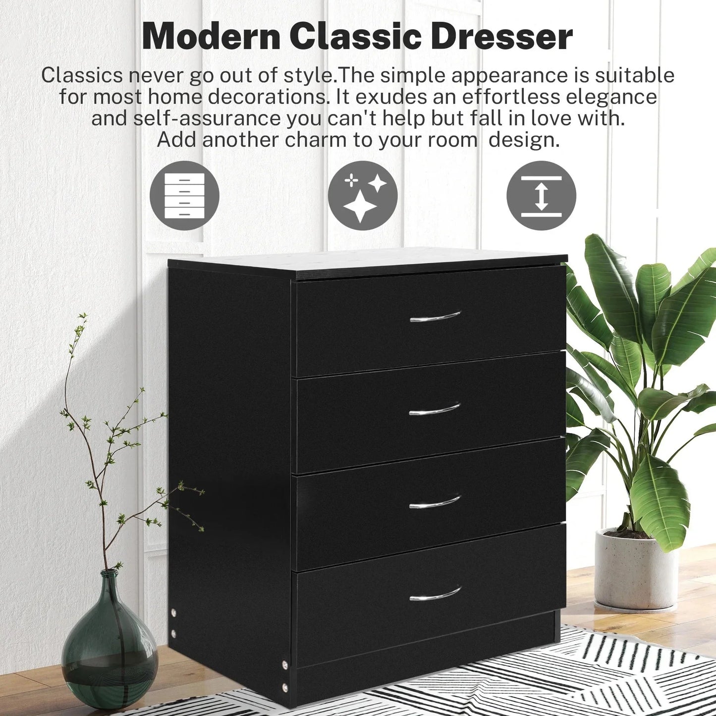 Segmart Black 4 Drawer Dresser for Small Space, Wood Storage Cabinet for Living Room, Chest of Drawers with Metal Handle for Bedroom