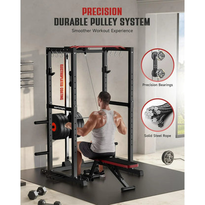 Power Cage,1600lbs Multi-Function Power Rack with Adjustable Cable Crossover System and More Training Attachment, Weight Cage for Home Gym