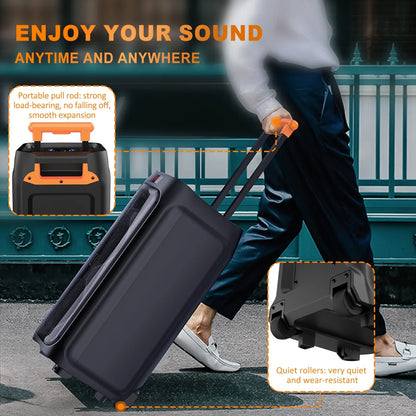 FanFun Large Bluetooth Speaker, 23.82" Big Party Speaker with Wheels, Trolley Bar, DJ Light, 500W Peak Power, Deep Bass Portable Outdoor Speaker System with Karaoke Microphone, Usb, Aux in