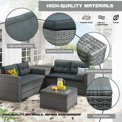 Seizeen 4 Pcs Patio Furniture Sets, Sectional Conversation Sofa Set with Storage Box & Table, Outdoor Wicker Rattan Furniture Set for Backyard Lawn Poolside Deck, Gray