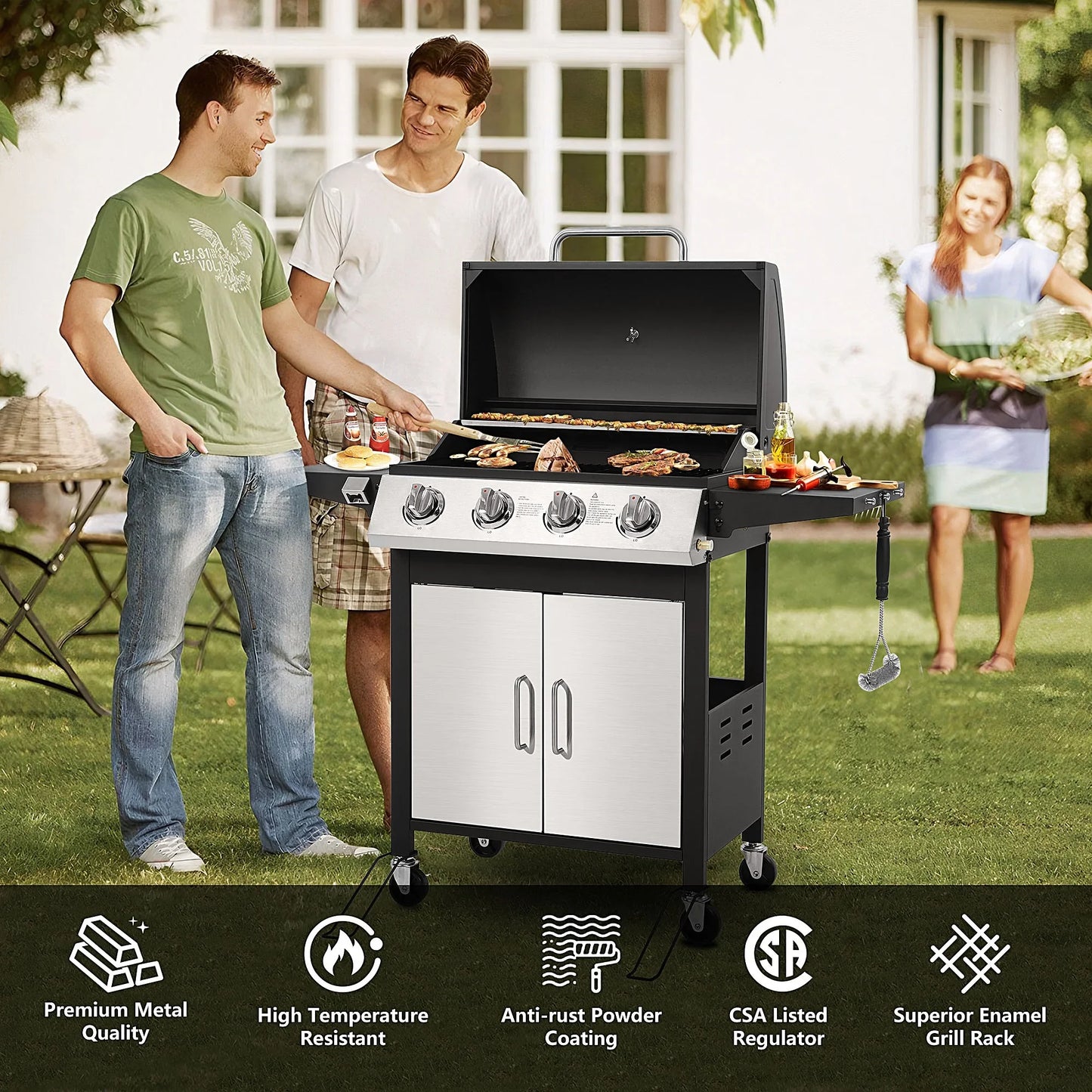 40,000BTU Grill w/Brush, 4-Burner Propane Gas Grill Stainless Steel, Outdoor Camping BBQ Grill on Wheels Portable for Patio Poolside RV