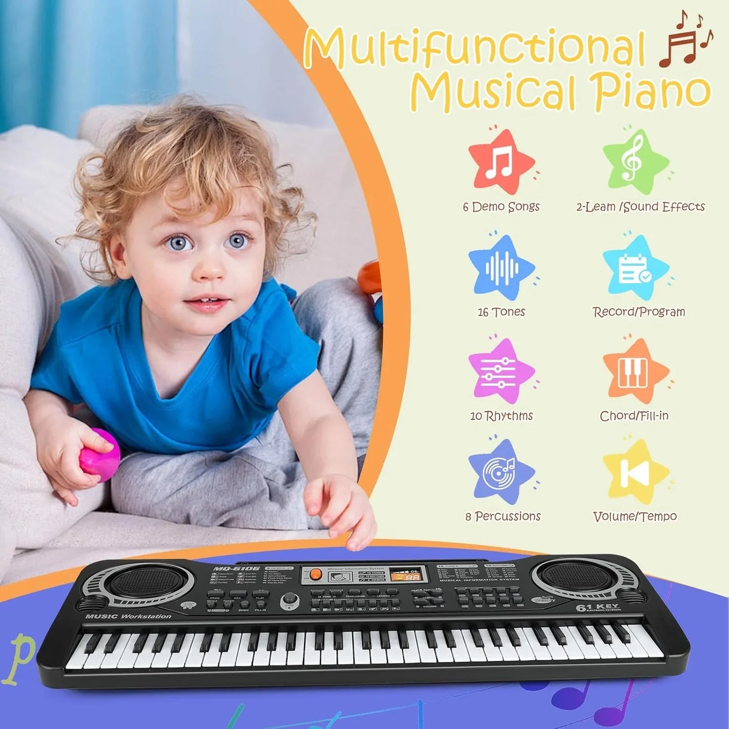 Mixfeer 61 Key Keyboard Piano, Electronic Keyboard Piano with Microphone for Kids Gift, Black