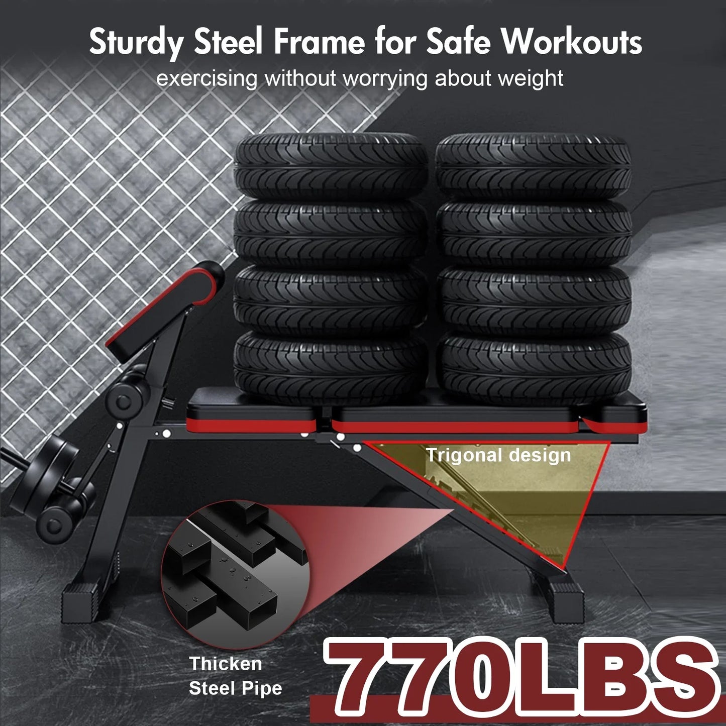 RICAN 7 Levels Adjustable Weight Bench with Extended Headrest & Leg Extension, Foldable Dumbbell Workout Bench, Supports Up to 770 lbs, Incline & Decline Positions for Full Body Strength Training