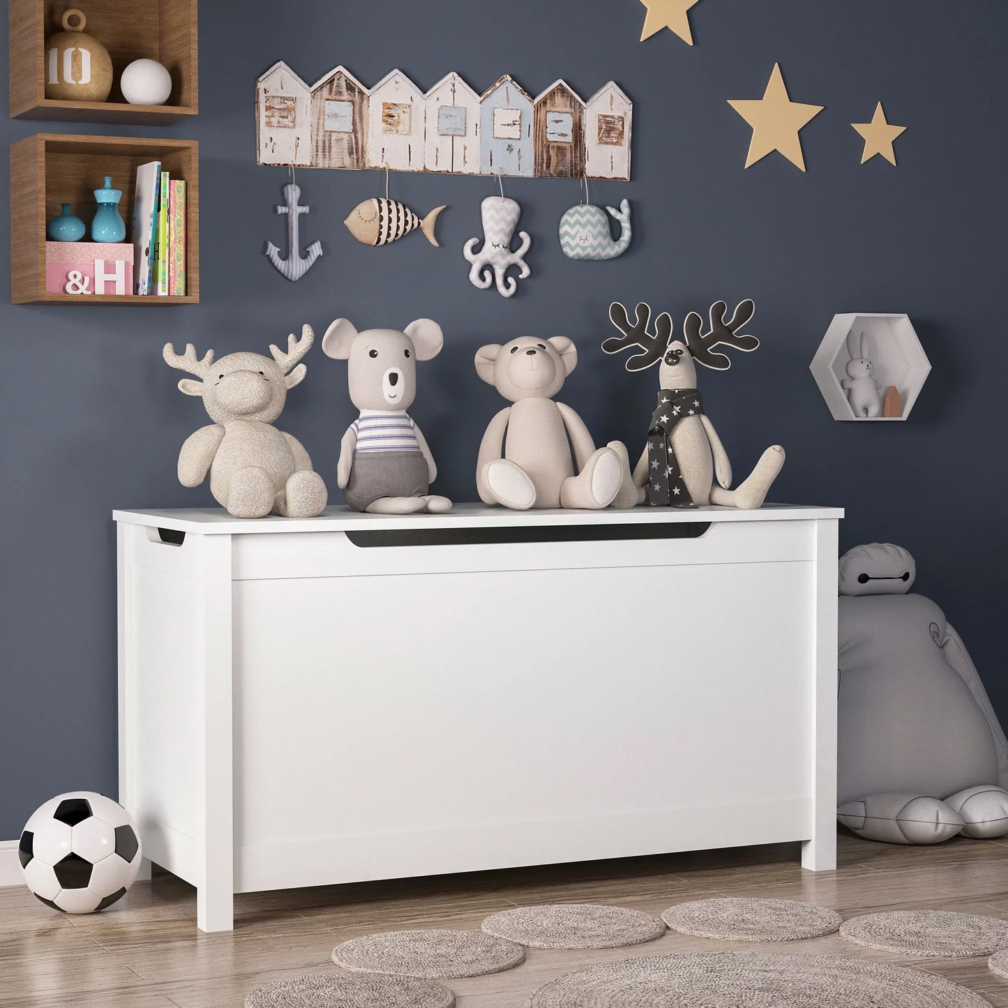 Seizeen Kids Toy Box, White Wooden Toy Chest Organizer with Safety Hinged Lid, Entryway Storage Bench Supports 100 lbs, Toy Storage Chest for Bedroom, Toddler Room, L0290