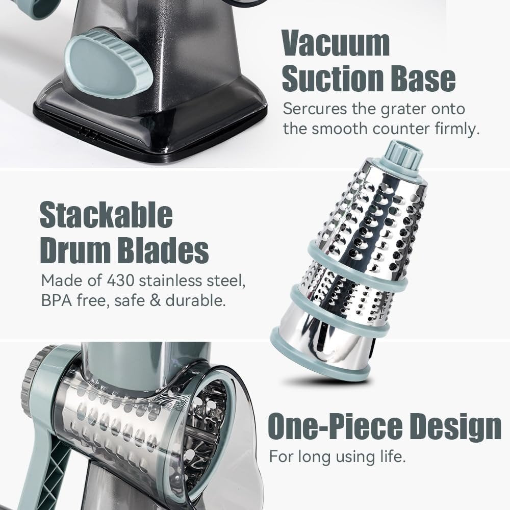 Rotary Cheese Grater with Handle, AOKIWO Vegetable Cheese Shredder Slicer Grater for Kitchen, 3 Changeable Blades for Cheese, Fruit,Vegetable, Nuts, Chocolate, Potato, Carrot - Gray Blue