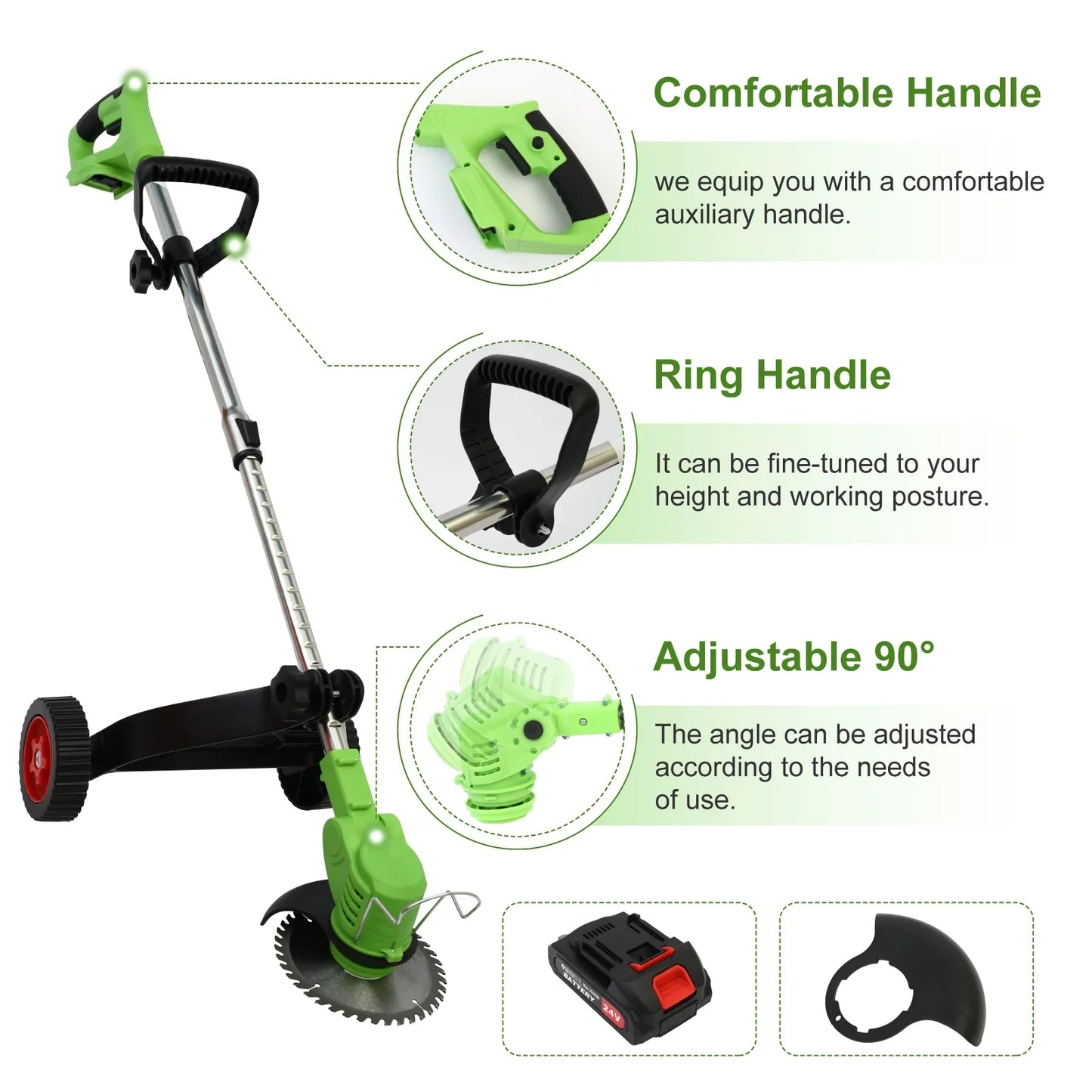 BAOKALER Electric Weed Eaters Cordless, Battery Powered Weed Wacker with Charger, Grass Trimmer with Supporting Wheels, Grass Cutting Machine with 1 Batteriy for Yard and Garden, Green