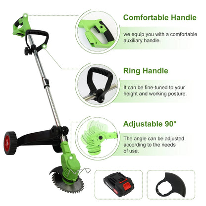BAOKALER Electric Weed Eaters Cordless, Battery Powered Weed Wacker with Charger, Grass Trimmer with Supporting Wheels, Grass Cutting Machine with 1 Batteriy for Yard and Garden, Green