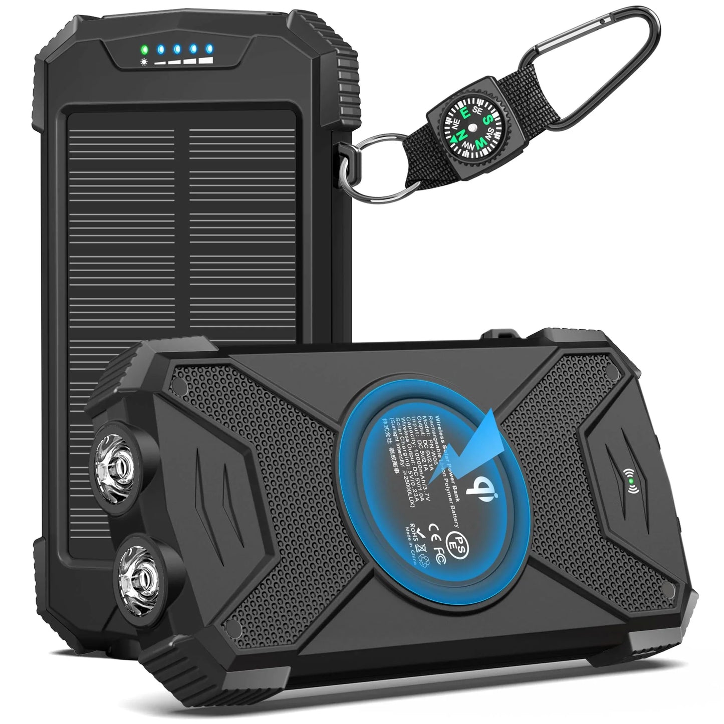 10000mAh Solar Charger, Waterproof Backup Battery Charger Built-in Dual USB/Flashlight for All Cell Phone, Tablet, and Electronic Devices (Black)