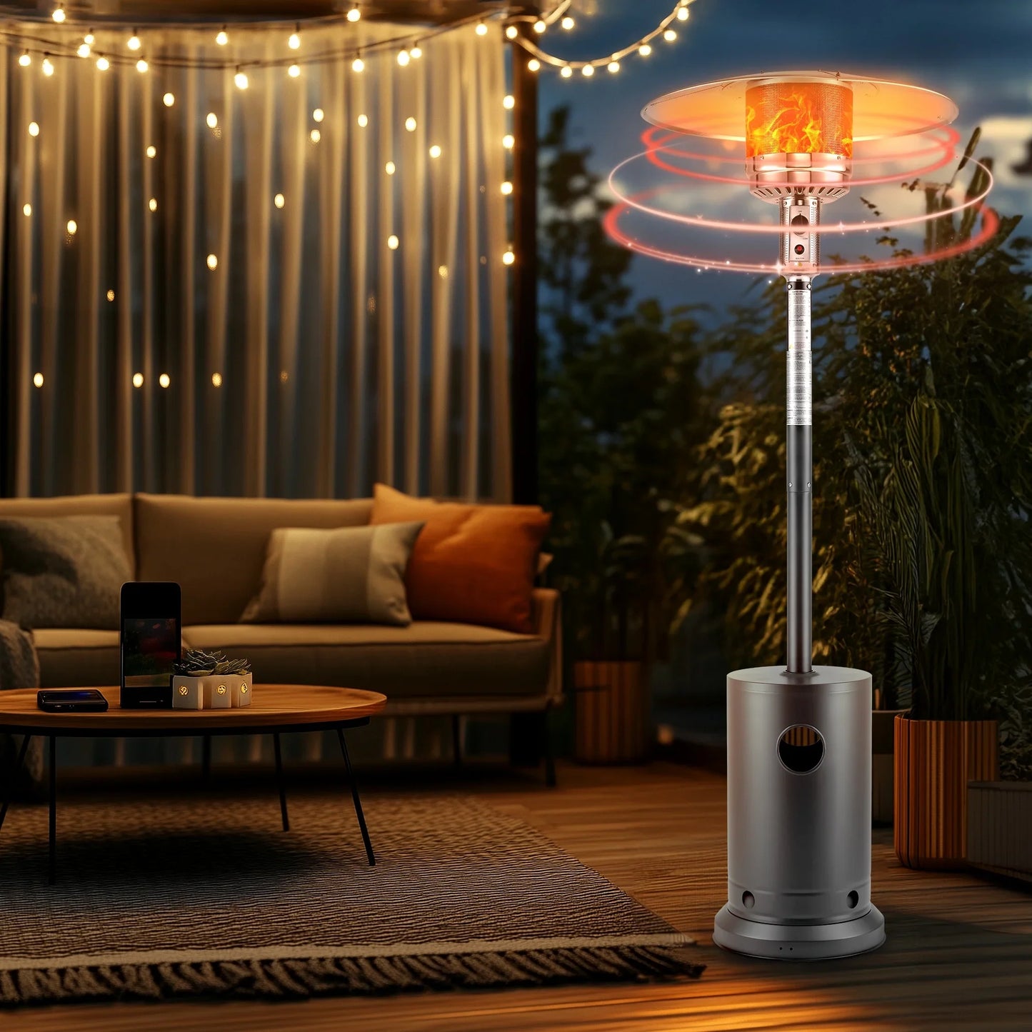 Propane Patio Heater w/ 12' Heating Radius, 48000 BTU Heavy Duty Heater w/ Overheating Protection System, Stainless Steel Flame Heater w/ Wheels, Sliver&Gray