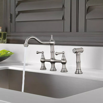WOWOW Double Handle Bridge Kitchen Faucet with Side Sprayer in Brushed Nickel