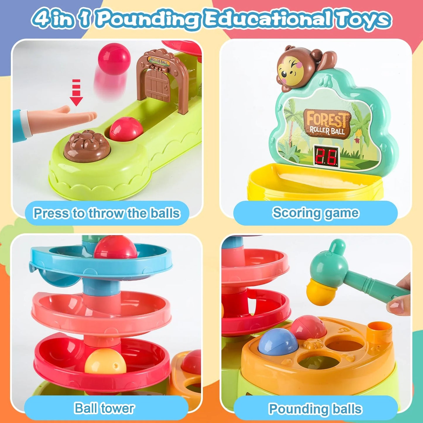 Richgv Pound A Ball Toy and Ball Drop Toy with Scoring Game, 3 in 1 Ball Tower and Shoot Ball Toddler Montessori Learning Toys Educational Preschool Toy for Boys Girls