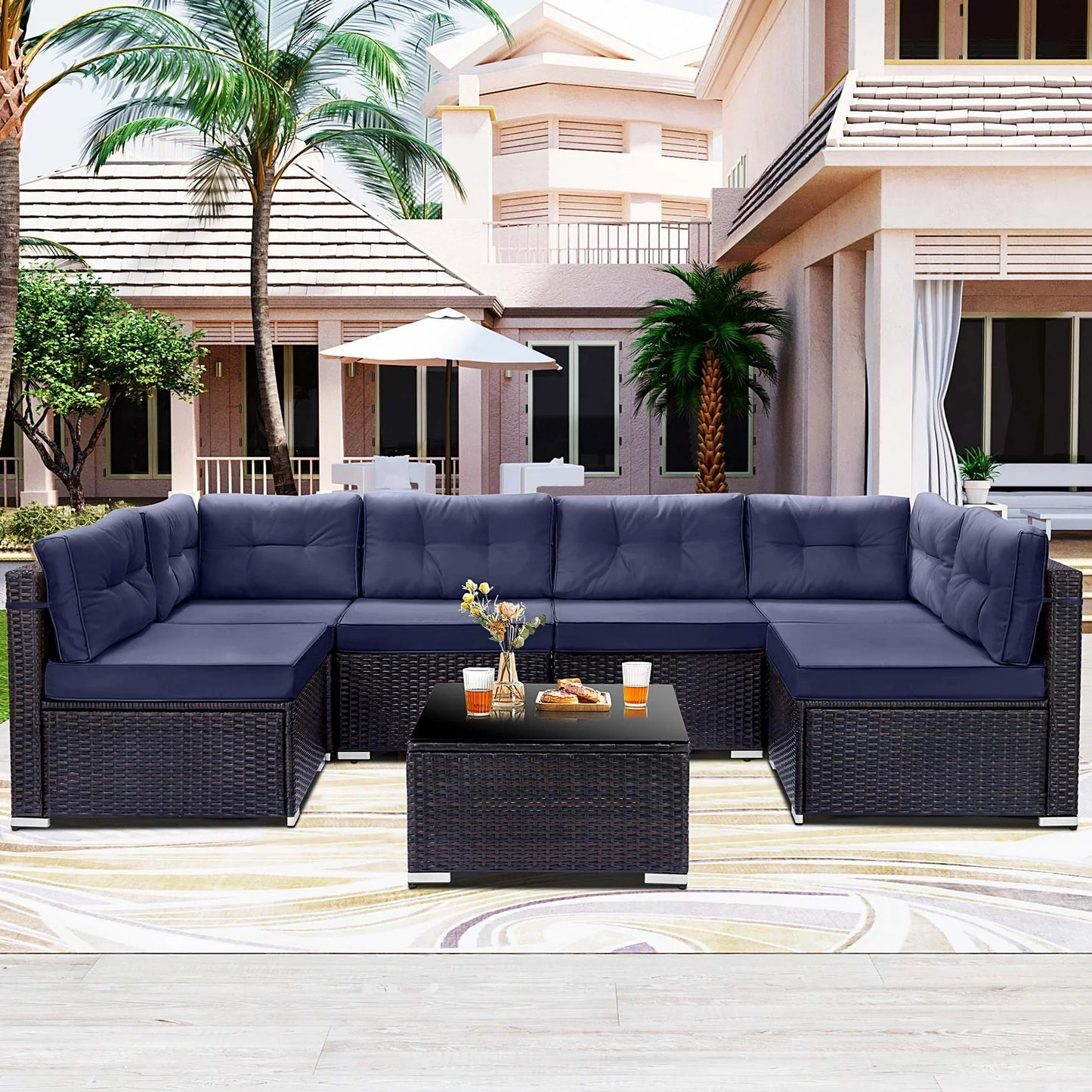 7 Piece Rattan Sectional Sofa Set, Outdoor Conversation Set, All-Weather Wicker Sectional Seating Group with Cushions & Coffee Table, Morden Furniture Couch Set for Patio Deck Garden Pool