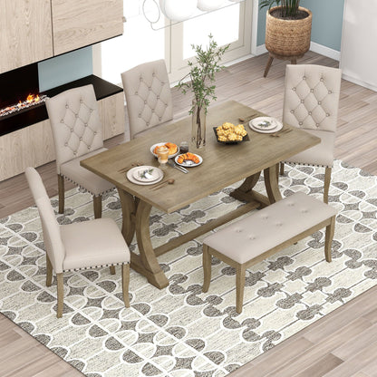 EUROCO 60" 6-Piece Dining Table Set,Dining Room Set with Table,Bench and 4 Cushioned Chairs,Solid Wood Rectangular Table and Chair Set, Kitchen Table Set