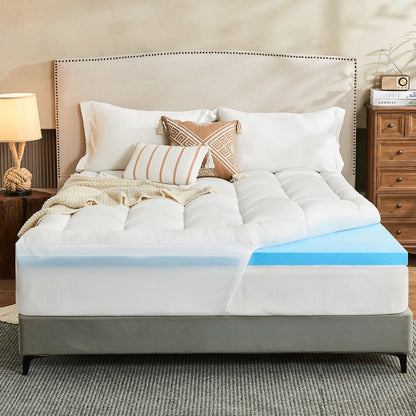 Teler Dual Layer 4 Inch Memory Foam Mattress Topper Queen Size, 2 Inch Cooling Gel Memory Foam Plus 2 Inch Pillow Top Cover