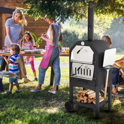 Freestanding Pizza Oven for Outside, Firewood Burning Pizza Maker Stove for Patio Camping Picnic, Portable Pizza Oven on Wheels with Pizza Stone, Peel, Grids, Grills, Thermometer