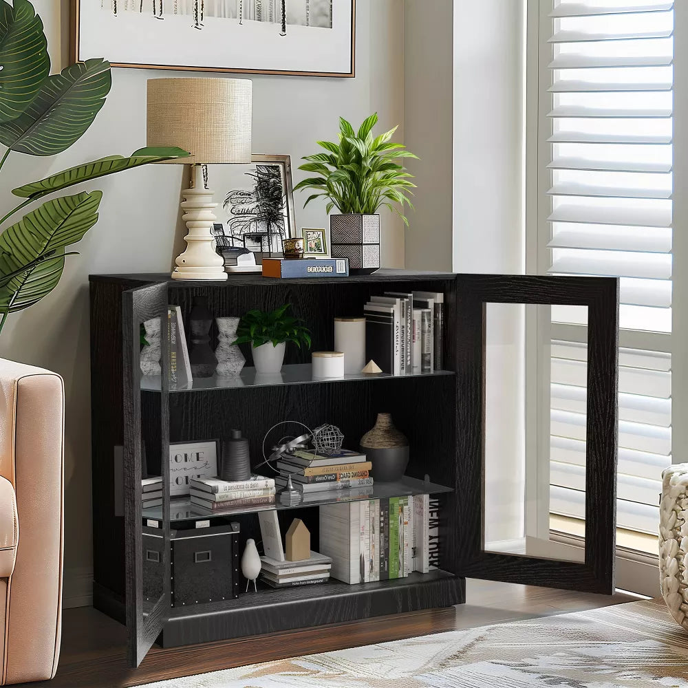 Dovelina Wooden 3 Shelf Bookcase Cabinet Decorative Bookshelf with Glass Doors and Adjustable Partitions