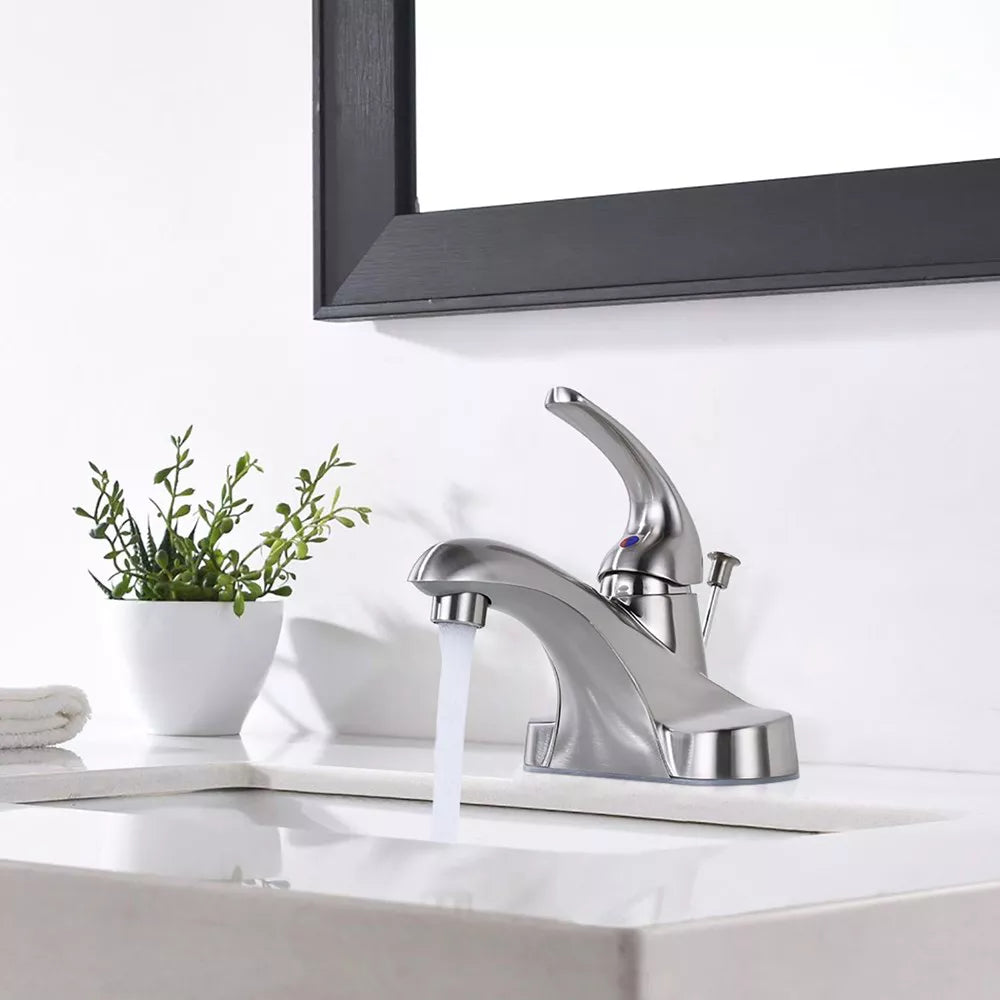WOWOW 4 in. Centerset Single-Handle Low Arc Bathroom Faucet with Drain Kit Included in Brushed Nickel