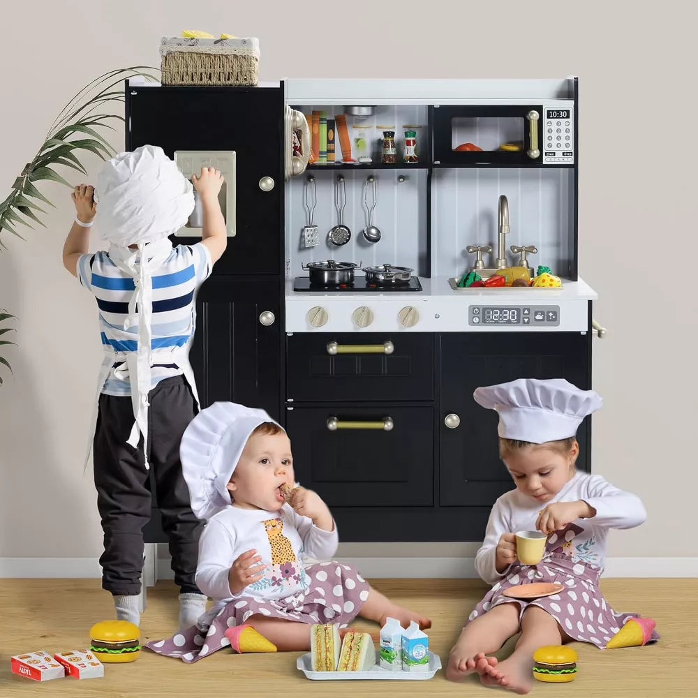 Kinder King Wooden Kids Play Kitchen, Toy Kitchen Playset for Toddler, Realistic Kitchen Sets w/Lights & Sounds, Gift for Boys Girls Age 3+, Black