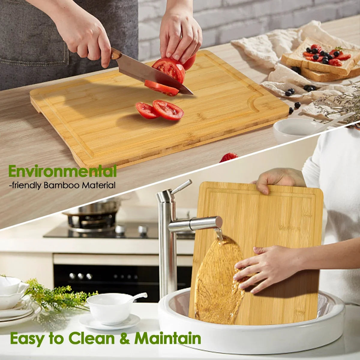Bamboo Cutting Board, AOKIWO Durable Cooking Wood Cutting Boards for Kitchen with Deep Juice Grooves & Built-in Handles, Ideal Gifts Woden Boards for Meat, Vegetables and Fruits