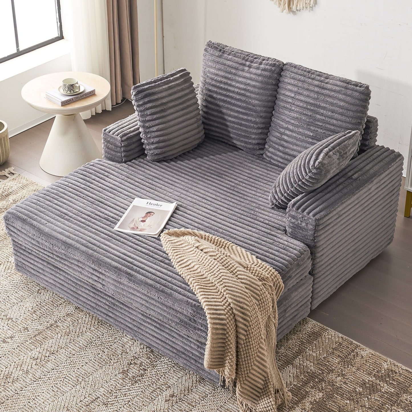 Furniliving Oversized Chaise Lounge Chair Indoor, Upholstered Sofa Bed with Throw Pillows and Armrests, Sleeper Chair for Living Room, Bedroom, Grey