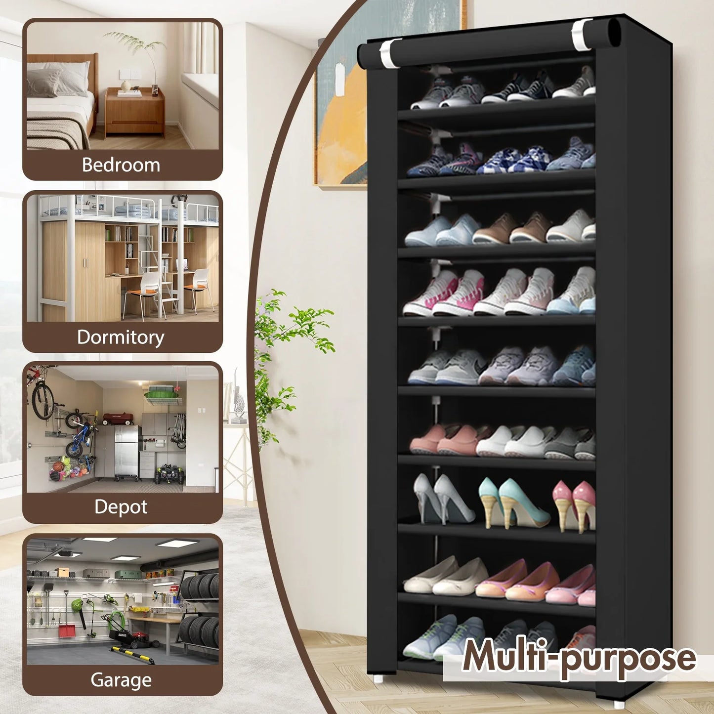 BAOKALER Portable Shoe Rack, 10-Tier 27 Paris Shoe Storage Cabinet with Cover, Non-Woven Fabric Shoe Storage Organizer 62.99*23.62*15.7 inch, Black