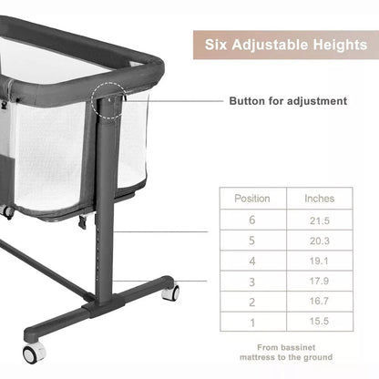 Kinder King Baby Folding Bassinet w/Wheels,Portable Newborn Bedside Sleeper All-Sided Mesh Infant Crib Removable Soft Mattress Grey