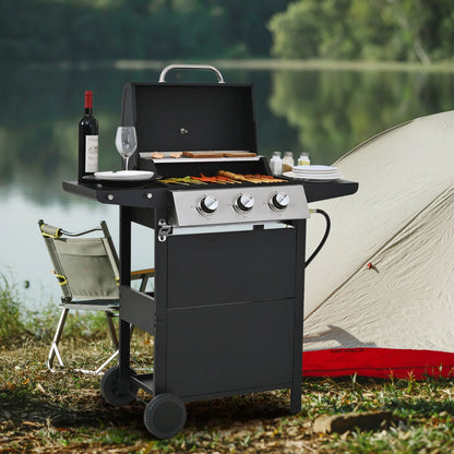 Seizeen 3-Burner Propane Gas Grill, 25,650 BTU Outdoor BBQ on Wheels, with Thermometer and Side Tables