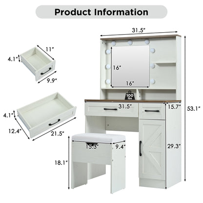 31.5" Makeup Vanity Desk with Mirror and Lights, 3 Lighting Modes, Vanity Set with Stool, Dressing Table with Adjustable Shelves,2 Drawers and Side Cabinet for Bedroom, White