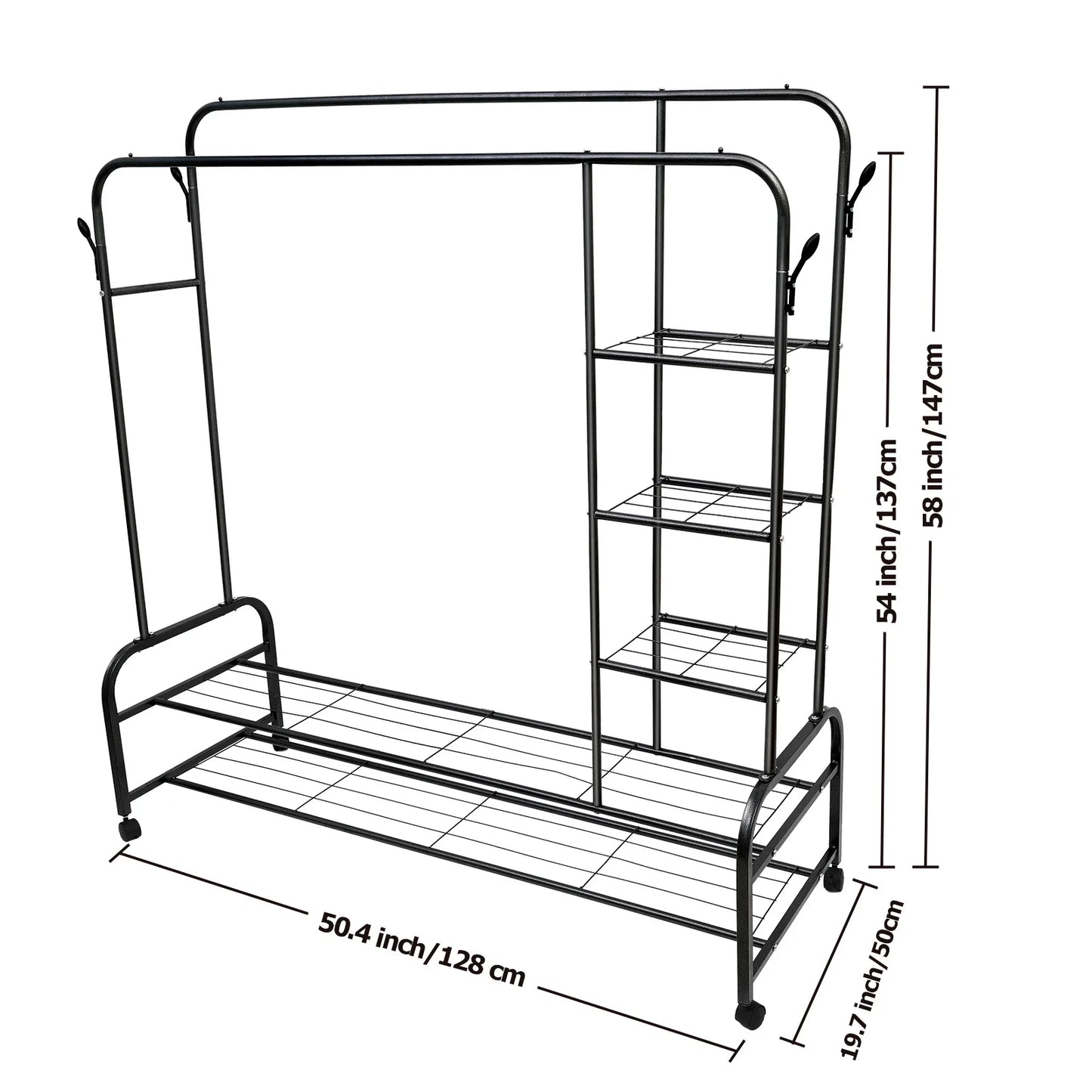 ALSO GO 3-In-1 Double Rod Clothes Rack with 4-Shelf, Metal Clothing Rack with Wheels & 4 Hooks, Portable Heavy Duty Garment Rack with Double Bottom Shelves, Freestanding Organizer for Bedroom, Black