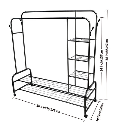 ALSO GO 3-In-1 Double Rod Clothes Rack with 4-Shelf, Metal Clothing Rack with Wheels & 4 Hooks, Portable Heavy Duty Garment Rack with Double Bottom Shelves, Freestanding Organizer for Bedroom, Black