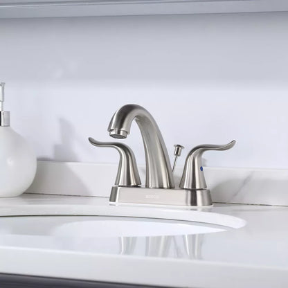 WOWOW 4 in. Centerset Double Handle High Arc Bathroom Faucet with Drain Kit Included