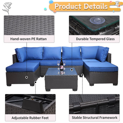 SEGMART Outdoor Patio Conversation Sofa Set, 7PCS Patio Patio Furniture Sets with Coffee Table, All-Weather Wicker Sofa for Patio & Garden w/2 Pillows, Black Wicker + Blue Cushion