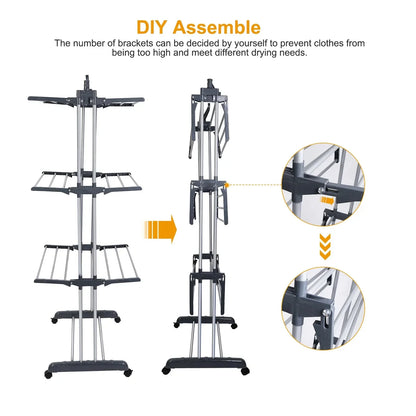 Homemart Clothes Drying Rack, 4-Tier Foldable Laundry Drying Rack, Stainless Steel Garment Clothes Dryer Indoor or Outdoor Standing Clothing Rack with Wheels