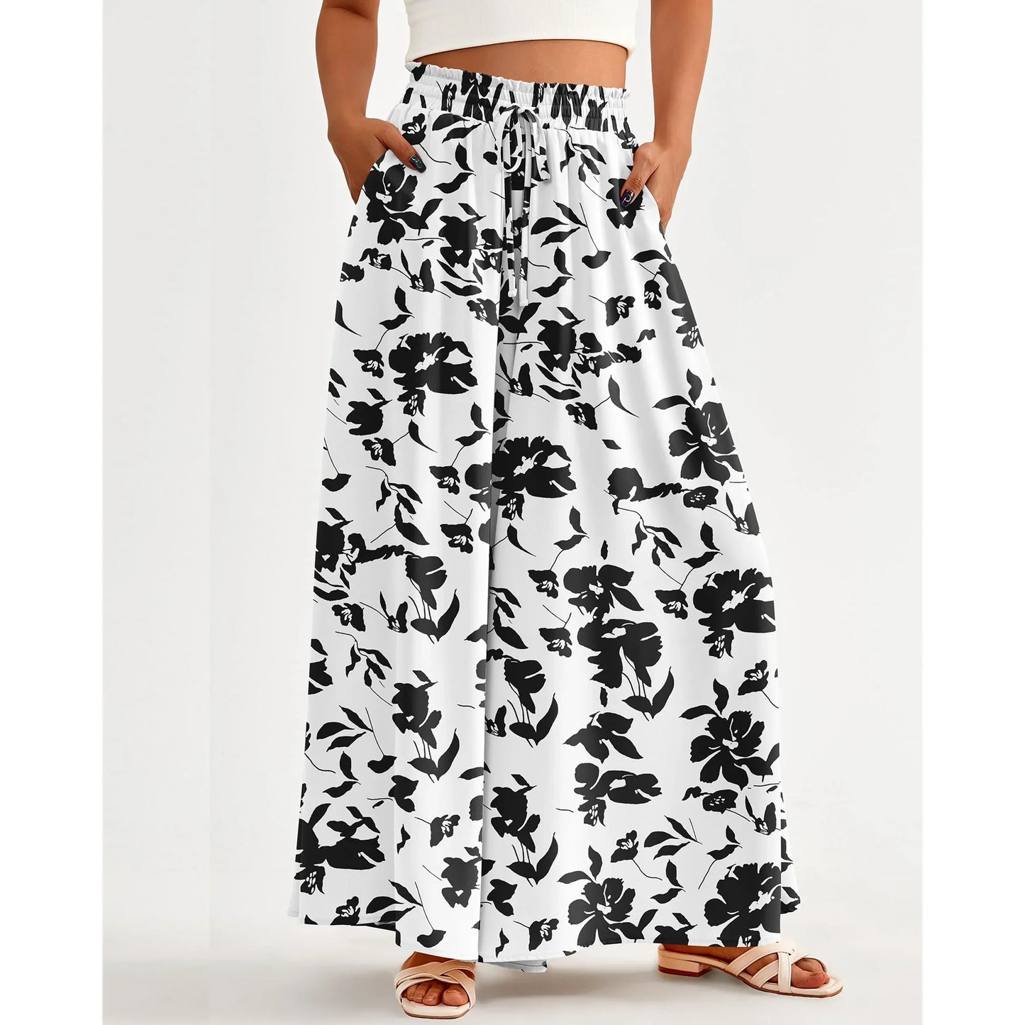 SWQZVT Women Casual High Waist Wide Leg Pants Summer Floral Solid Long Palazzo Pants Lounge Beach Trousers with Pocket