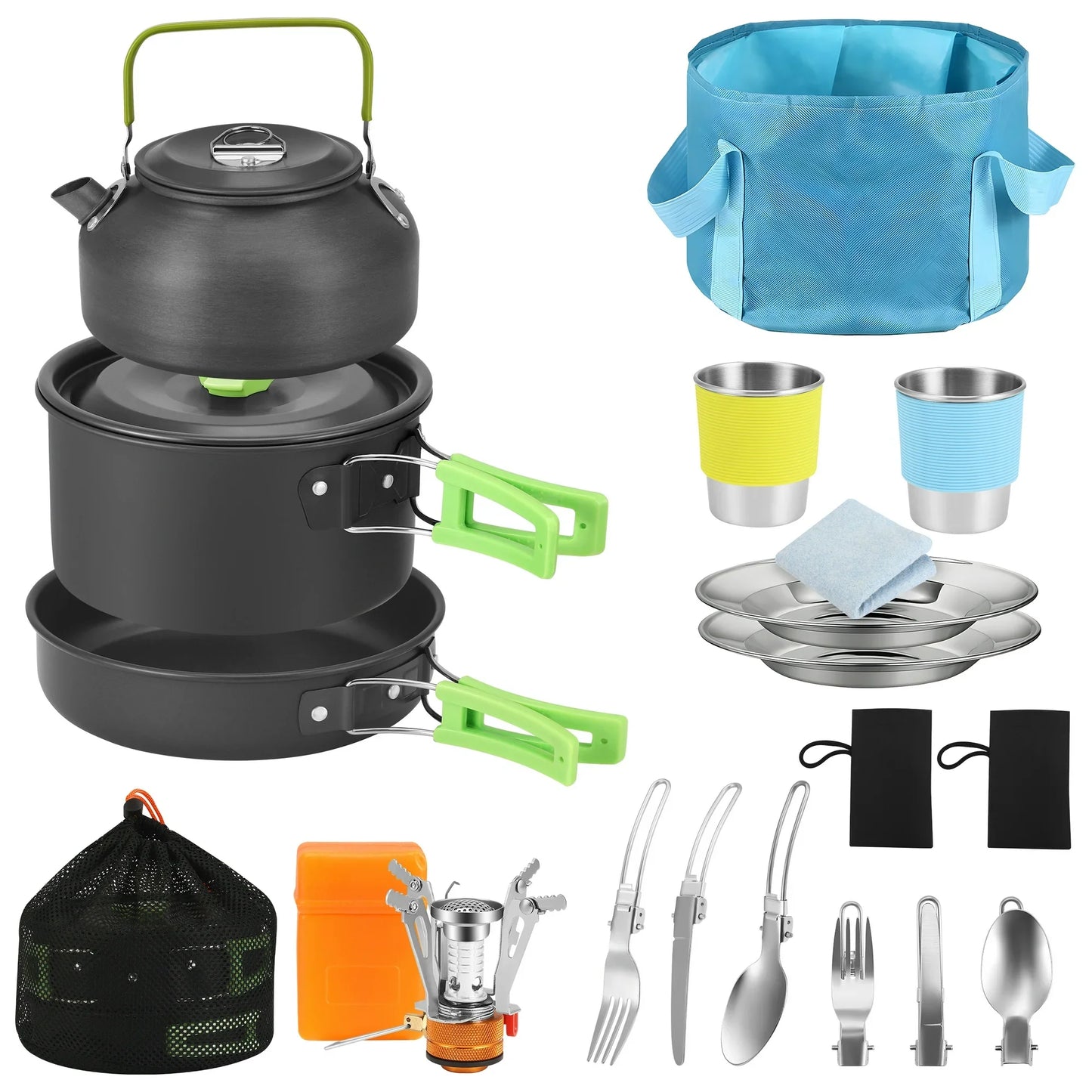 AMTPM 22pcs Camping Cookware Set, Camping Mess Kit with Folding Camping Stove Collapsible Bucket Aluminum Pot Pan for Outdoor Camping Hiking Backpacking Picnic
