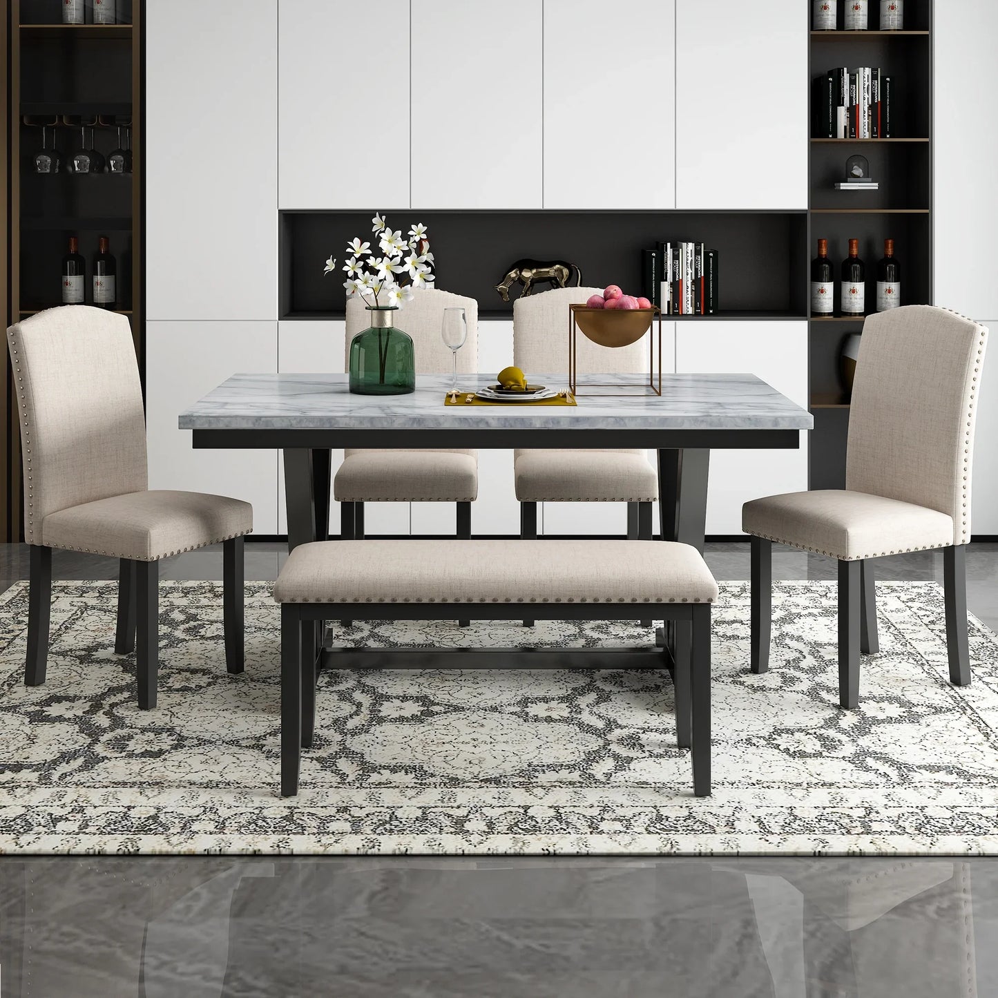 EUROCO 60" 6-Piece Dining Table Set,Dining Room Set with Marbled Tabletop,V-shaped Table Legs,Bench and 4 Cushioned Chairs,Solid Wood Rectangular Table and Chair Set, Kitchen Table Set