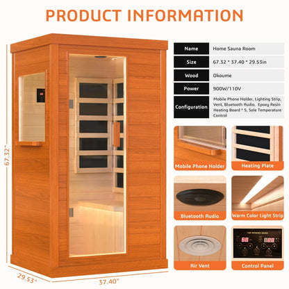 1 Person Infrared Sauna, Okoume Wood Far Infrared Saunas for Home, 9000watt Indoor Personal Sauna Room Box with Control Panel, Glass Door, Blue-Tooth