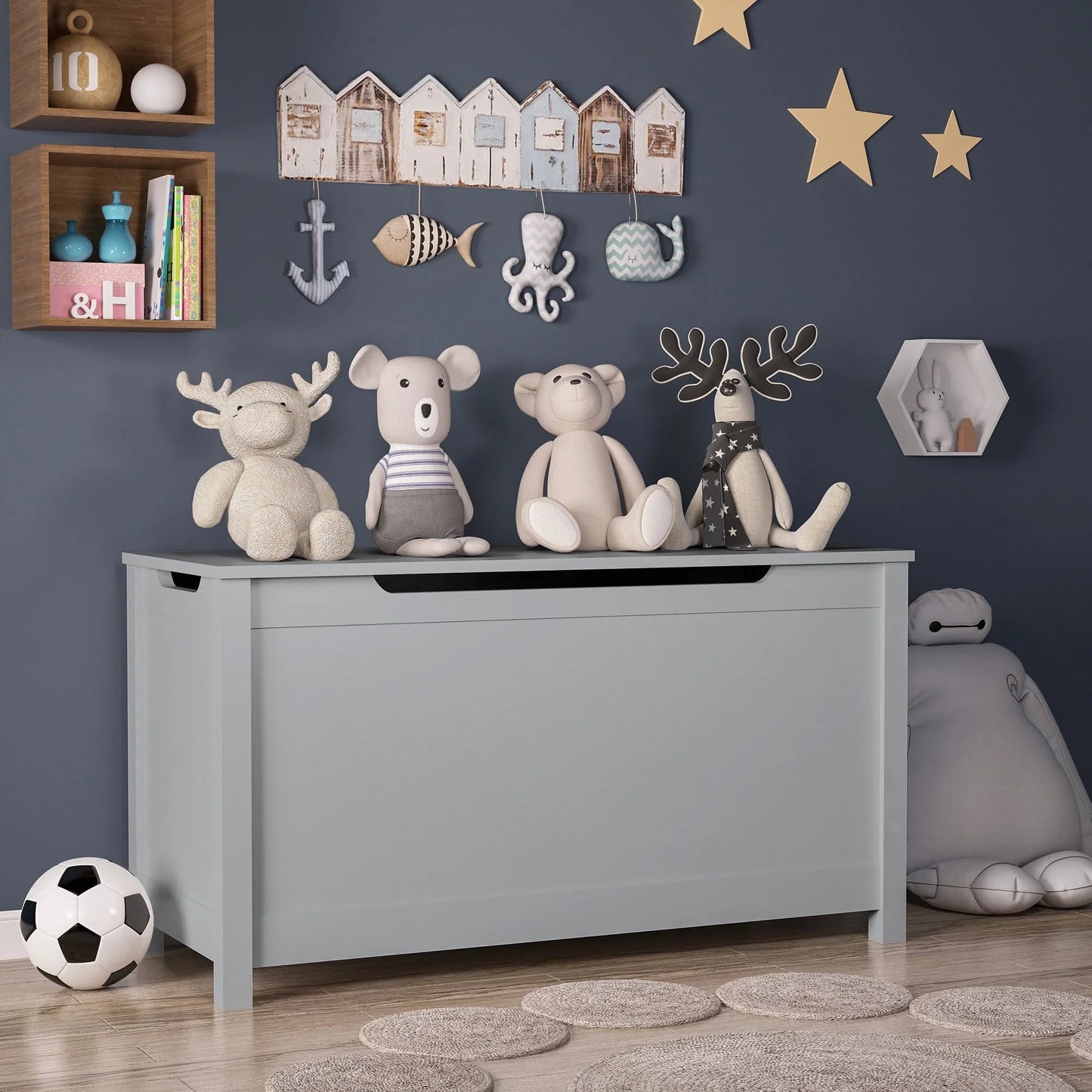 Kids Toy Box, Gray Wooden Toy Chest Organizer with Safety Hinged Lid, Entryway Storage Bench Supports 100 lbs, Toy Storage Chest for Bedroom, Toddler Room, L0293