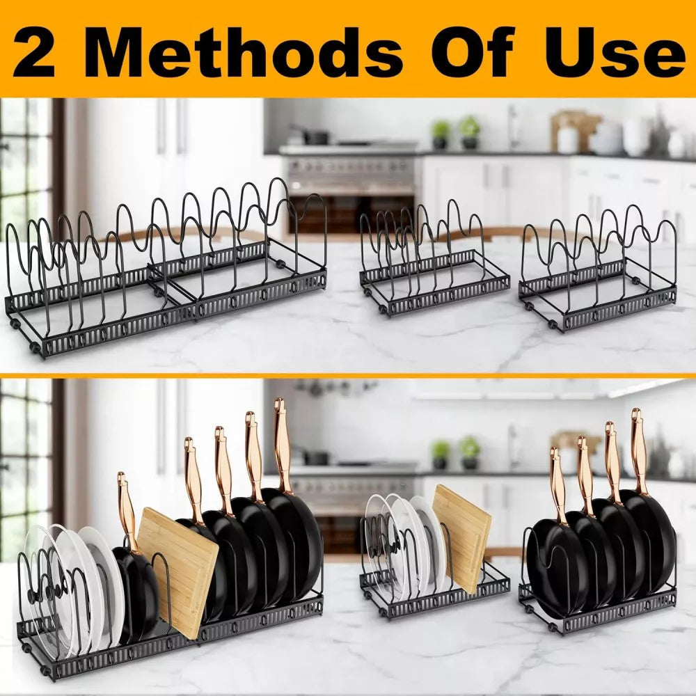 DOMETOUR Pots and Pans Organizer Expandable Rack for Cabinets, Kitchen Cabinet Organizer Holder with 10 Adjustable Compartment