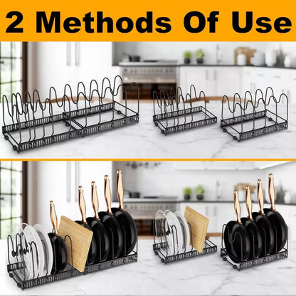 DOMETOUR Pots and Pans Organizer Expandable Rack for Cabinets, Kitchen Cabinet Organizer Holder with 10 Adjustable Compartment
