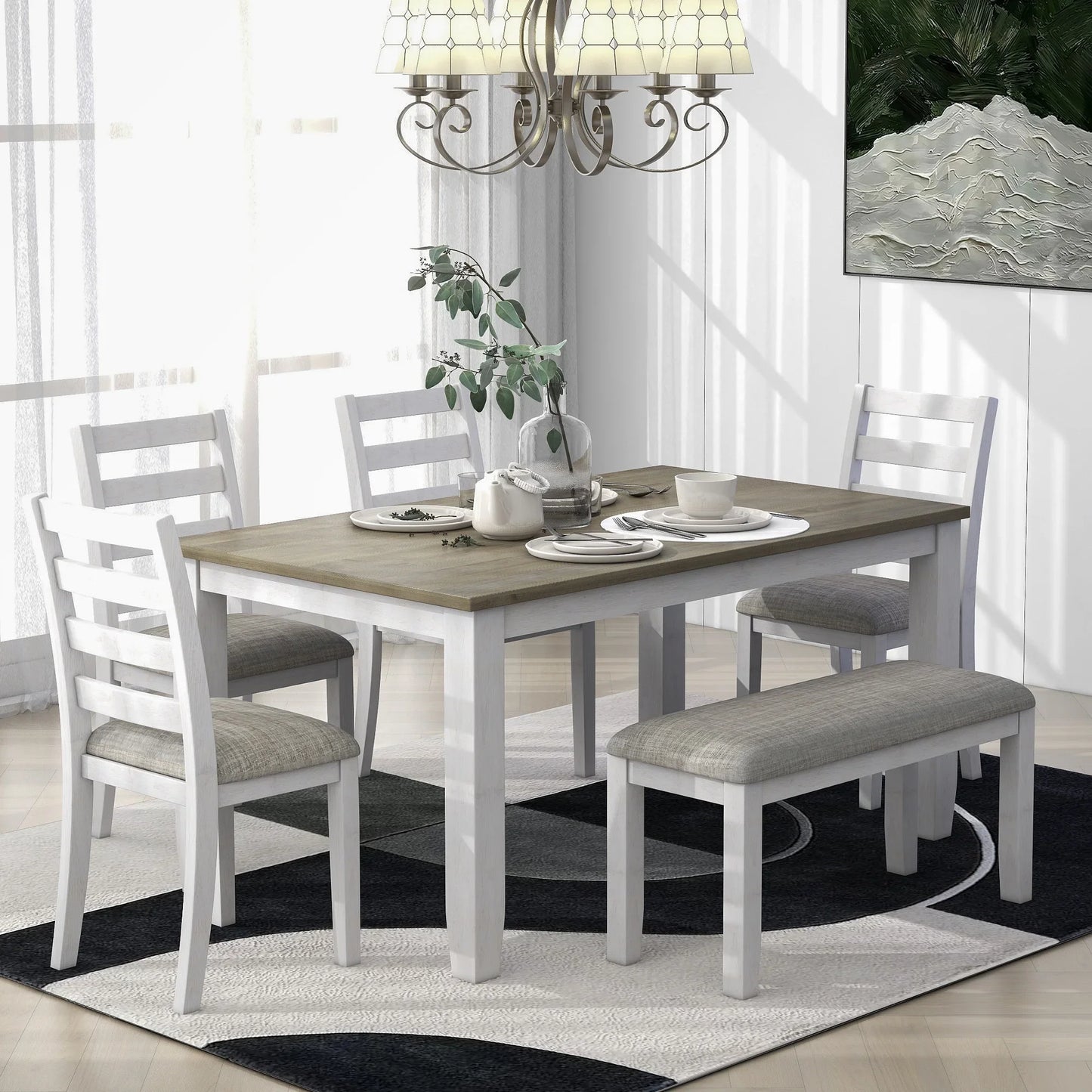 EUROCO Rustic Style 6-Piece Dining Room Table Set with 4 Upholstered Chairs & a Bench