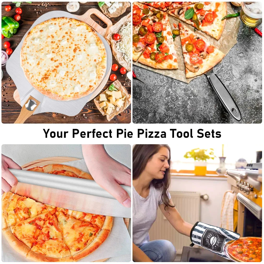 Foldable Pizza Peel and Pan Set, AOKIWO 7 Pcs Aluminum Pizza Paddle with Wooden Handle and Oven Pan Accessories