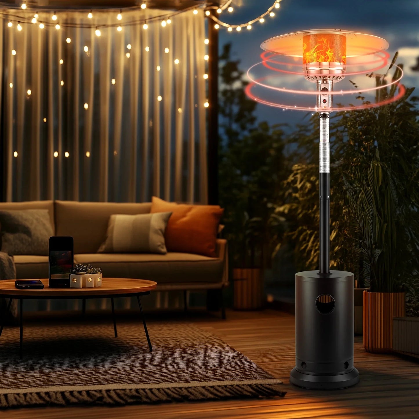 48000 BTU Propane Patio Heater with Overheating Protection System, Outdoor Heater with 20' Heating Radius and Wheels, Stainless Steel Flame Heater, Black