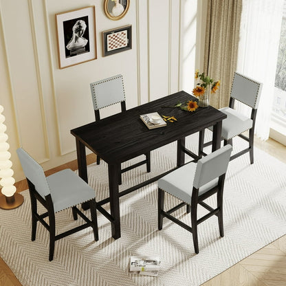 EUROCO 5-Piece Dining Table Set for 4, 59.6" Counter Height Kitchen Table Set with 4 Upholstered Chairs,Integrated 9 Bar Wine Compartment and Wineglass Holders for Dining Room and Kitchen,Gray