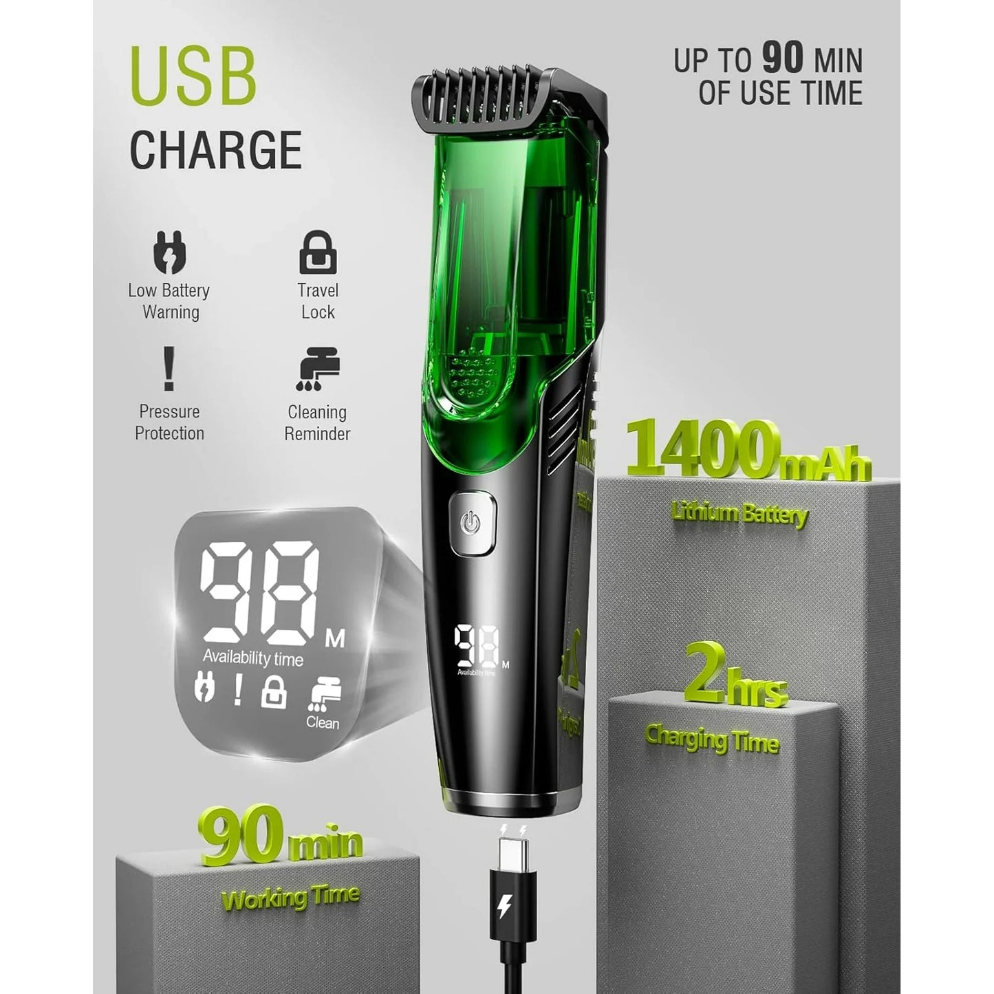 Vislone Beard Trimmer for Men, Cordless Electric Shaver with Adjustable Length Comb (1-20mm), for Beard, Mustache, Sideburns, Green